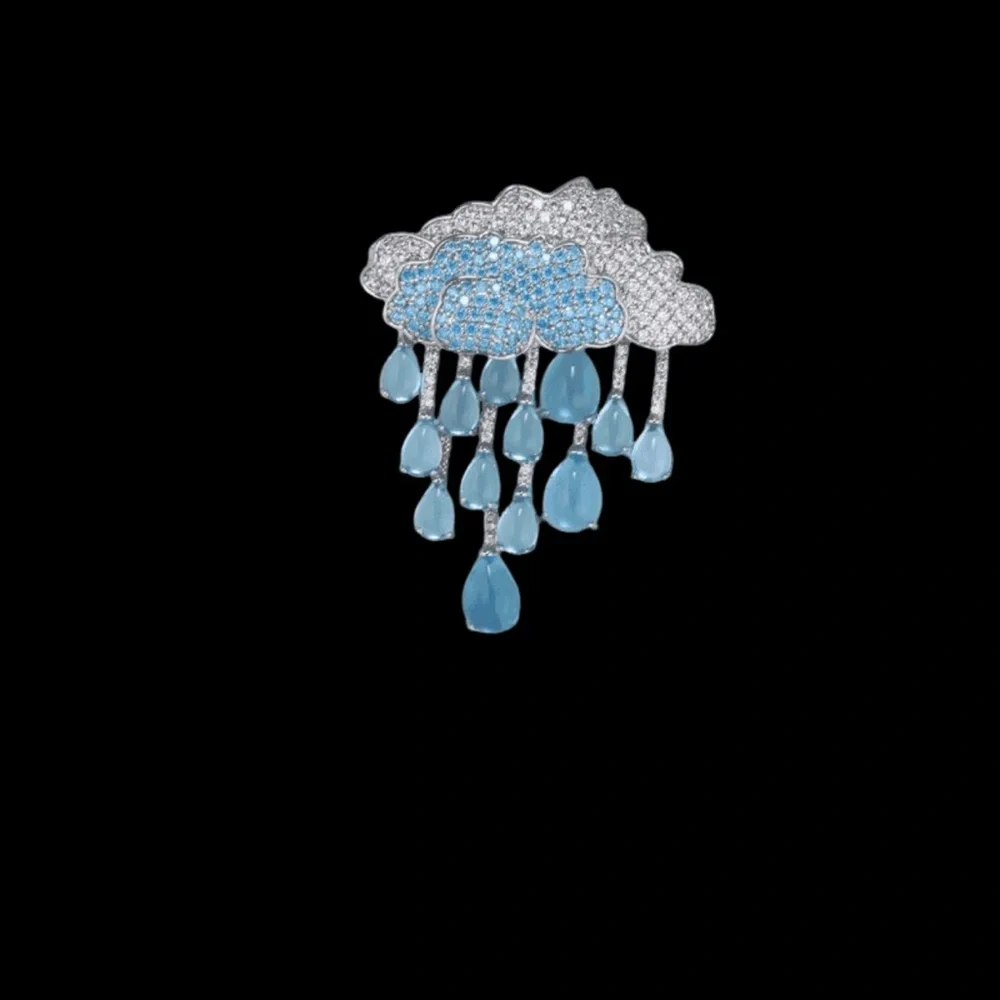 Elegant Blue and Silver Cloud Brooch, Rain Cloud Brooch